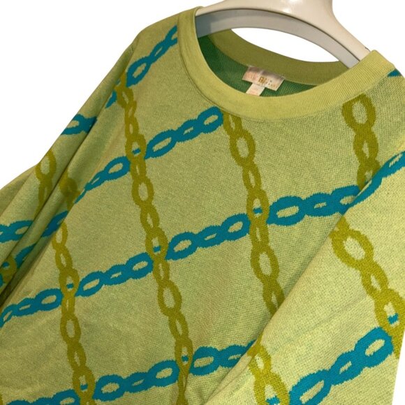 Belle Kim Gravel NEW green turquoise chain link print crew neck sweater 2X - Picture 3 of 4